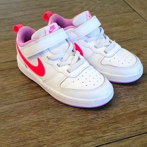 Girls Nike Court Borough Low 2 Shoes. Size 10c. White, pink, and purple.